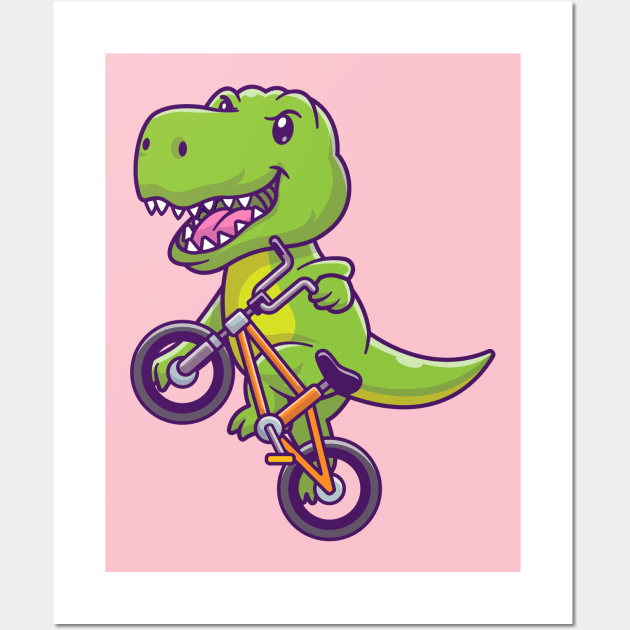 Cute Dinosaur Riding Bicycle Cartoon Wall Art by Catalyst Labs